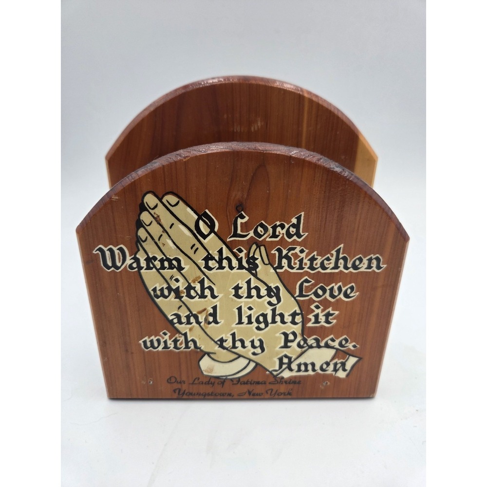 Vintage Cedar Wood Kitchen Prayer Napkin Holder MCM Kitchen Kitsch Praying Hands
